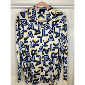Karl Lagerfeld Paris Oversized Letter Print Satin Shirt Womens Blue Yellow Small